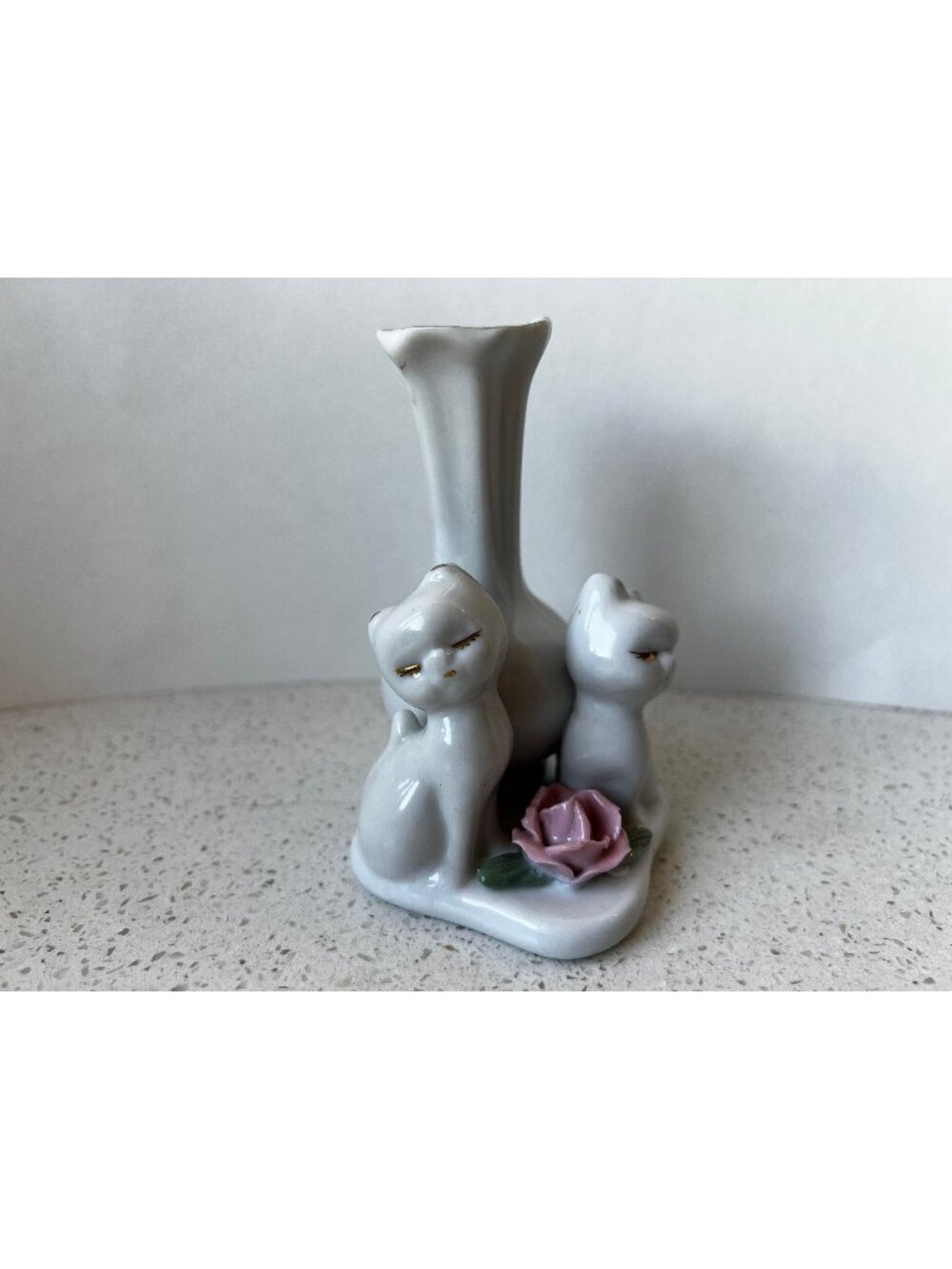 Vintage Porcelain Cats and Pink Rose White Vase 4.5” Kittens Gift Gold Finish